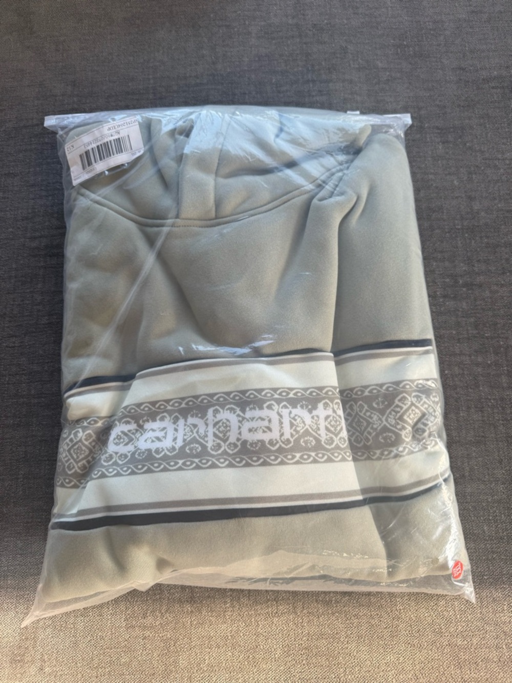 Carhartt Women's Light Sage Hoodie with White and Gray Stripe Detail